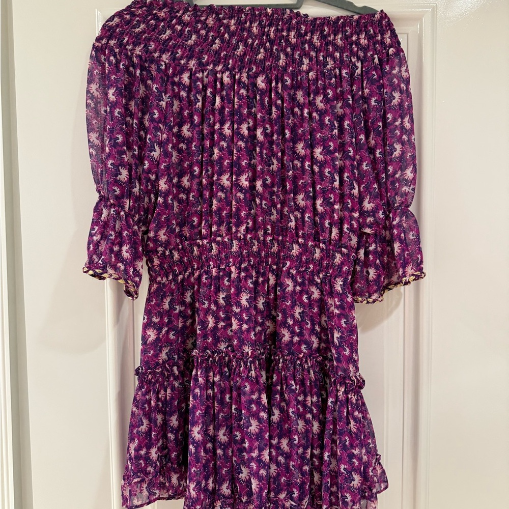 Misa Los Angeles Purple Pleated Off-Shoulder Bishop Sleeve Dress